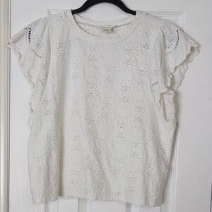 White Ruffled Flutter Sleeve Scoop Neck Blouse